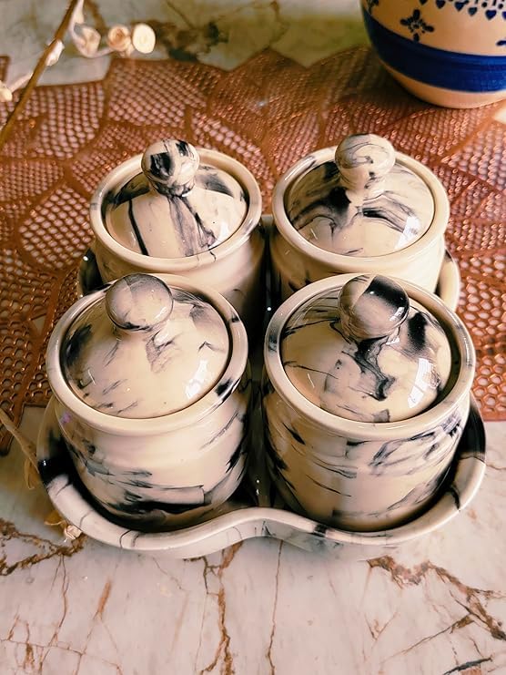 Niyara Multipurpose Storage Ceramic Pickle set Jars with Lid & tray (Set of 4, 300 ml) (Classic Marble look) - Image 1