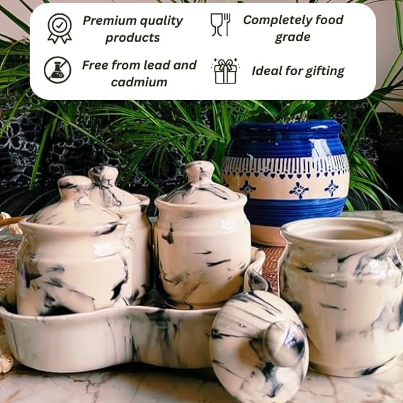 Niyara Multipurpose Storage Ceramic Pickle set Jars with Lid & tray (Set of 4, 300 ml) (Classic Marble look) - Image 3