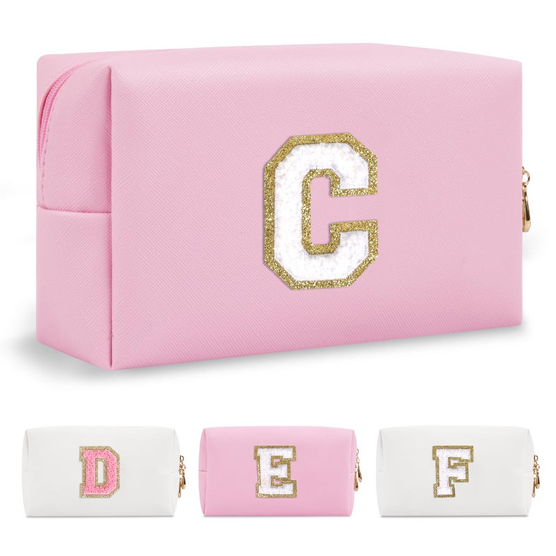ChaoGreat حقيبة مكياج أولية مخصصة من A-Z Preppy Patch حقيبة مستحضرات تجميل صغيرة على شكل حرف Pu Chenille مع سحاب للفتيات المراهقات حقيبة تنظيم أدوات الزينة الوردية اللطيفة حقيبة مكياج هدية للنساء والفتيات حرف C - Image 1
