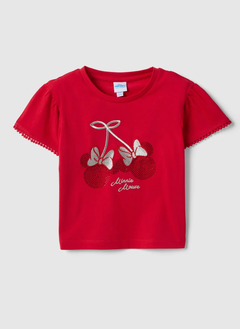 او في اس Ovs Red Stretch Cotton Children'S T-Shirt With Minnie Mouse Decoration