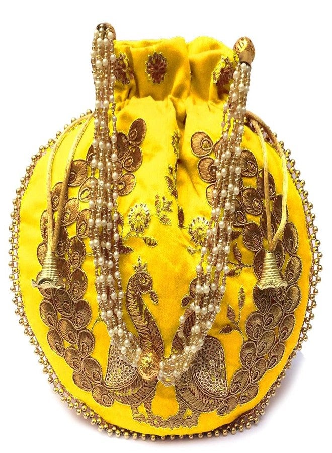 IGH Wholesale Lot | Handmade Embroidered Clutch Purse Potli Bag Bag Peacock Embroidered Potli for Wedding Favor 1 Pcs Yellow