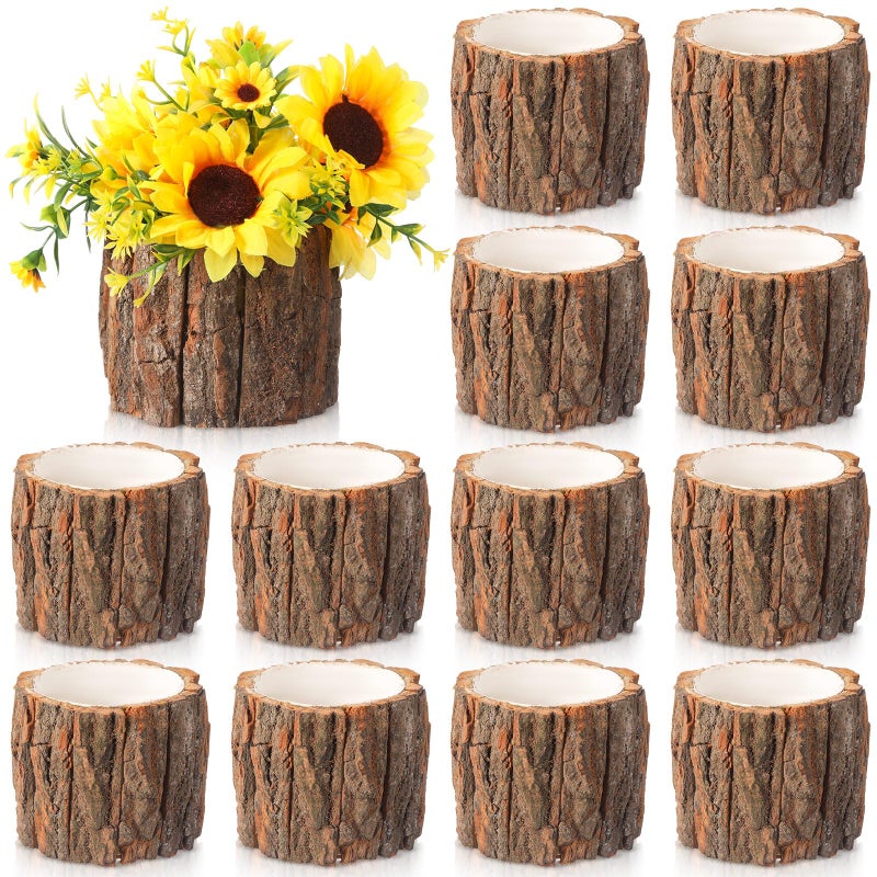 RimCereal 12 Pcs Wooden Vase for Centerpieces Woodland Table Decor Wooden Flower Vase Rustic Bark Stump Buckets Vintage Wood Planter Pots for Garden Party Wedding Window Home Farmhouse (Large) - Image 1