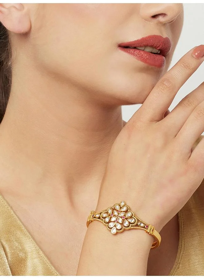 VOYLLA Ethnic Style Kundan Embellished Gold Plated Cuff Bangle