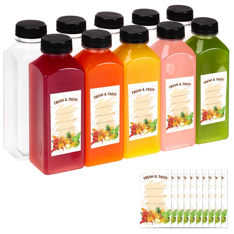 BAKHUK 10pcs 16oz Empty Plastic Juice Bottles with Caps, Plastic Water Bottles with Lids, Reusable Clear Bulk Beverage Juice Containers for Milk and Other Beverages - Image 1