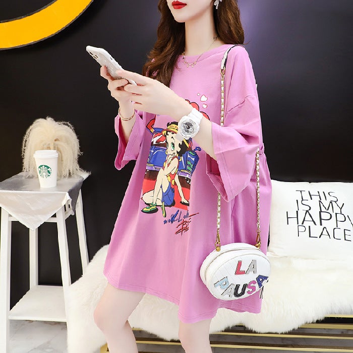 S98# [6535 official figure] Korean version of long cute cartoon printed backless bow round neck short sleeve T-shirt Pink  - Image 1