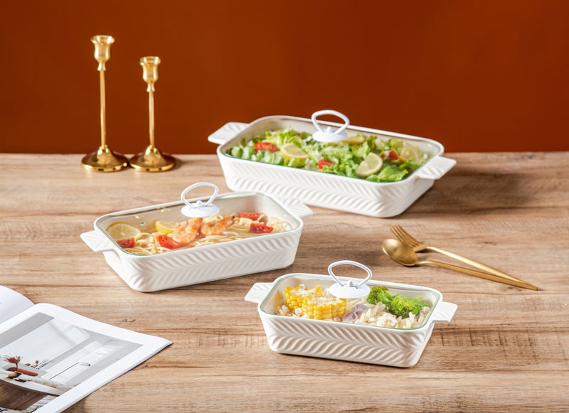 Dove 3-Piece Rectangular Porcelain Baking Dish Set W/Glass Lid White, Sizes 10 + 12 + 14.5 Inch