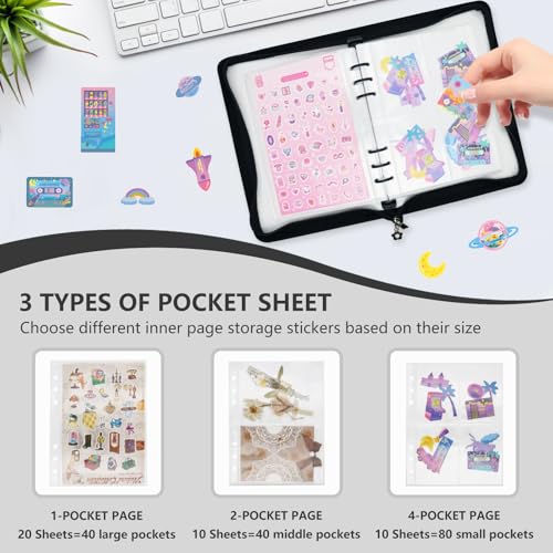 Ruatu Sticker Storage Organizer Binder A5 Sticker Book Collecting Album Reusable Sticker Collection Book with Pocket Zipper Sticker Holder Keeper Book for Adult Collecting Sticker (black) - Image 3