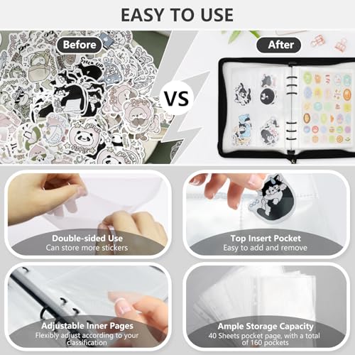 Ruatu Sticker Storage Organizer Binder A5 Sticker Book Collecting Album Reusable Sticker Collection Book with Pocket Zipper Sticker Holder Keeper Book for Adult Collecting Sticker (black) - Image 4