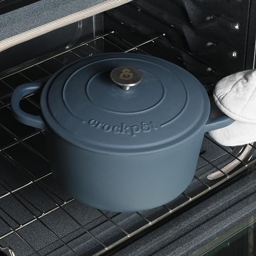 Crock-Pot Artisan 7-Quart Round European Enameled Cast Iron Dutch Oven – Matte Navy Blue, Durable Oven Safe Cookware - Image 5