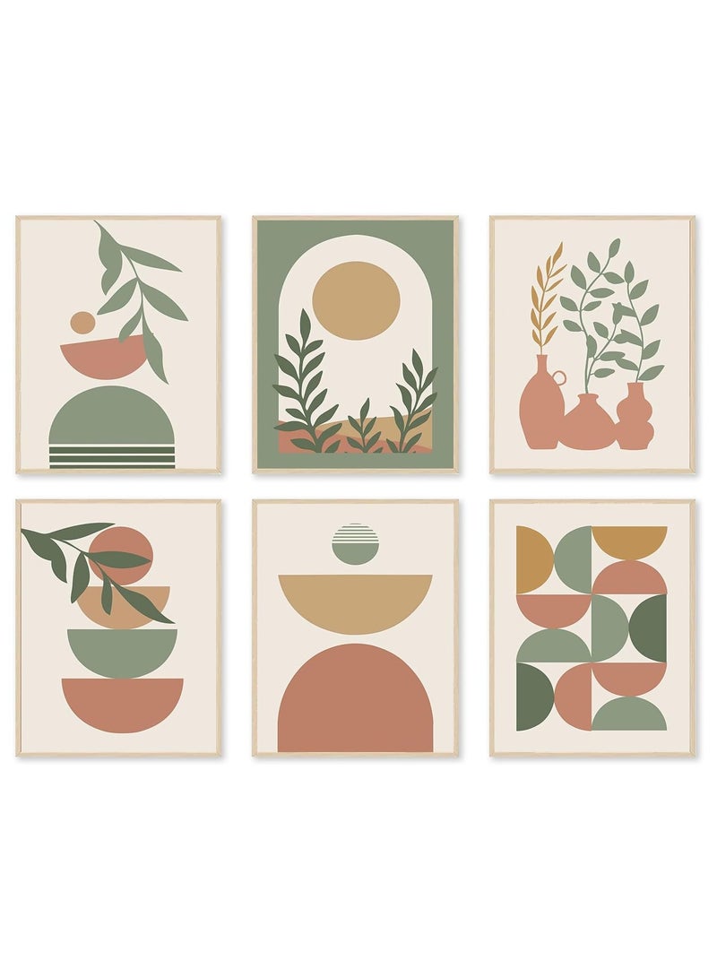 مؤسسة فكرة اليوم مجموعة مطبوعات فنية جدارية مكونة من 6، مطبوعات حديثة في منتصف القرن، ديكور حائط بوهو هندسي محايد، عمل فني قماشي من قماش الشمس والقمر وأوراق النخيل باللون البيج والأخضر، لوحات ملصق بوهو بسيطة لغرفة النوم وغرفة المعيشة - Image 1