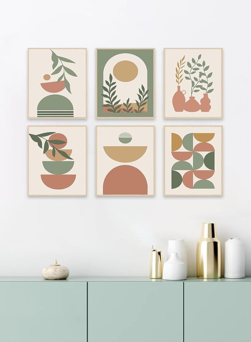 مؤسسة فكرة اليوم مجموعة مطبوعات فنية جدارية مكونة من 6، مطبوعات حديثة في منتصف القرن، ديكور حائط بوهو هندسي محايد، عمل فني قماشي من قماش الشمس والقمر وأوراق النخيل باللون البيج والأخضر، لوحات ملصق بوهو بسيطة لغرفة النوم وغرفة المعيشة - Image 3