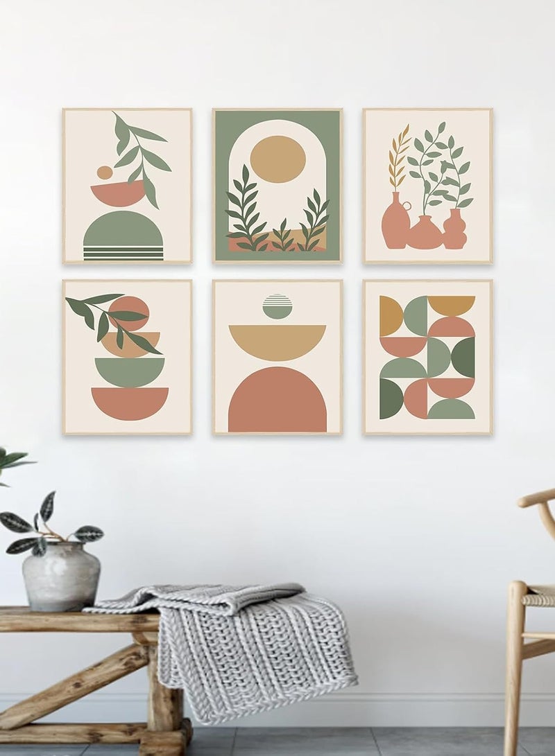 مؤسسة فكرة اليوم مجموعة مطبوعات فنية جدارية مكونة من 6، مطبوعات حديثة في منتصف القرن، ديكور حائط بوهو هندسي محايد، عمل فني قماشي من قماش الشمس والقمر وأوراق النخيل باللون البيج والأخضر، لوحات ملصق بوهو بسيطة لغرفة النوم وغرفة المعيشة - Image 4