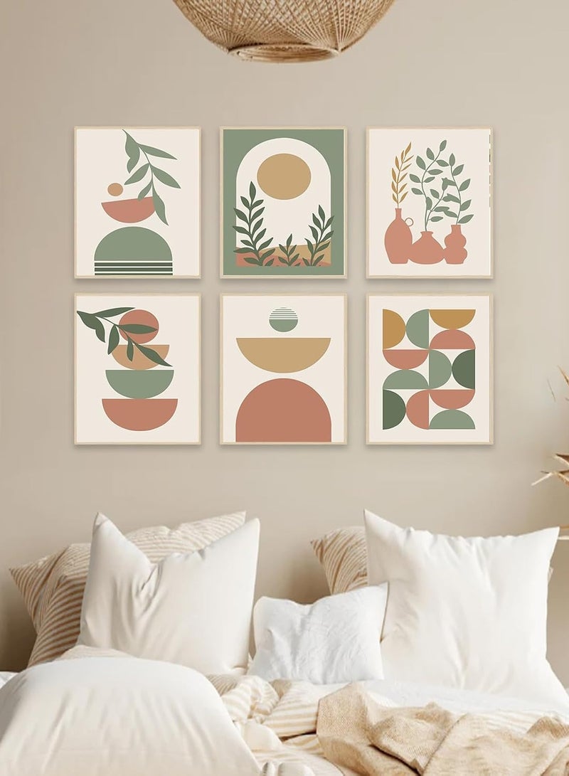 مؤسسة فكرة اليوم مجموعة مطبوعات فنية جدارية مكونة من 6، مطبوعات حديثة في منتصف القرن، ديكور حائط بوهو هندسي محايد، عمل فني قماشي من قماش الشمس والقمر وأوراق النخيل باللون البيج والأخضر، لوحات ملصق بوهو بسيطة لغرفة النوم وغرفة المعيشة - Image 5