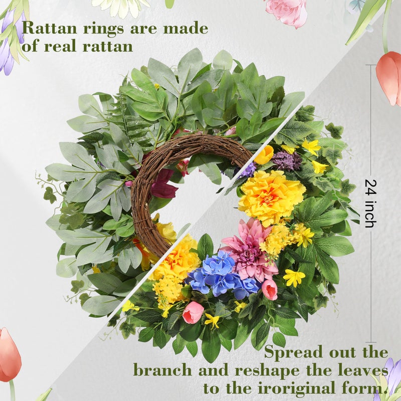 Vsonker Spring Wreaths for Front Door, 24 Inch Greenery Front Door Wreath with Peonies Dahlias Hydrangeas, Artificial Home Decorations for Indoor Outdoor Window Wall,Outside Floral Wreath Decor for Home Porch - Image 4