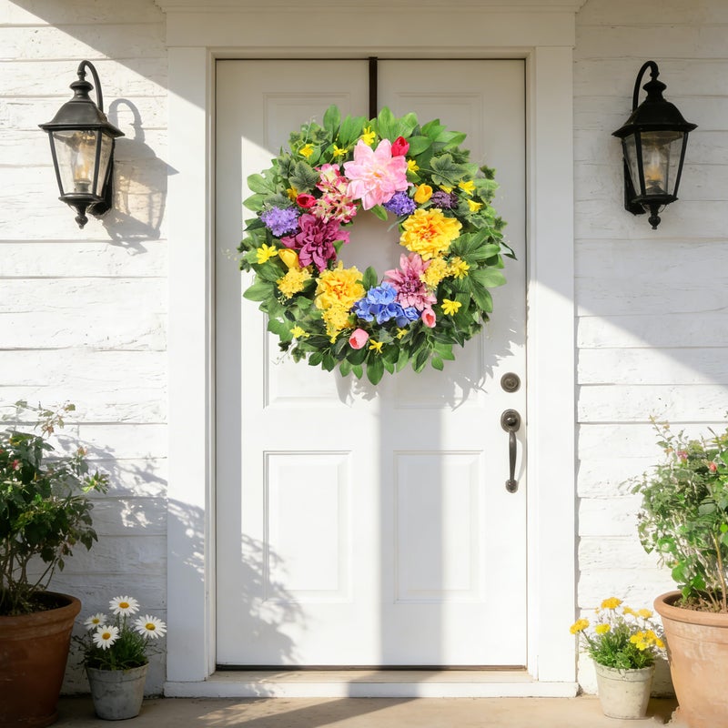 Vsonker Spring Wreaths for Front Door, 24 Inch Greenery Front Door Wreath with Peonies Dahlias Hydrangeas, Artificial Home Decorations for Indoor Outdoor Window Wall,Outside Floral Wreath Decor for Home Porch - Image 3