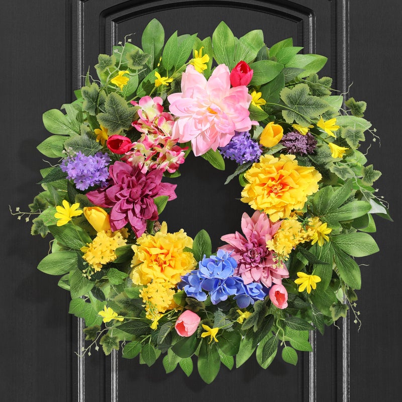 Vsonker Spring Wreaths for Front Door, 24 Inch Greenery Front Door Wreath with Peonies Dahlias Hydrangeas, Artificial Home Decorations for Indoor Outdoor Window Wall,Outside Floral Wreath Decor for Home Porch - Image 1