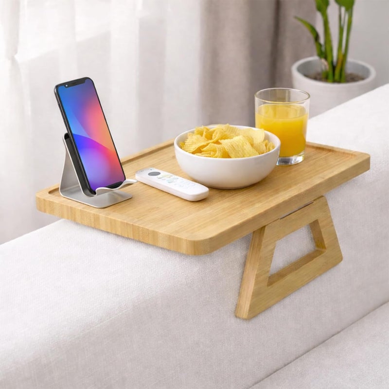 UKR Foldable Sofa Armrest Tray Table Bamboo Couch Arm Table with Secure Spiral Grip Space-Saving Sofa Side Table Alternative for Drinks, Snacks & Remotes Fits Arms Up to 14" Wide (33 x 24 cm) (Oak) - Image 2