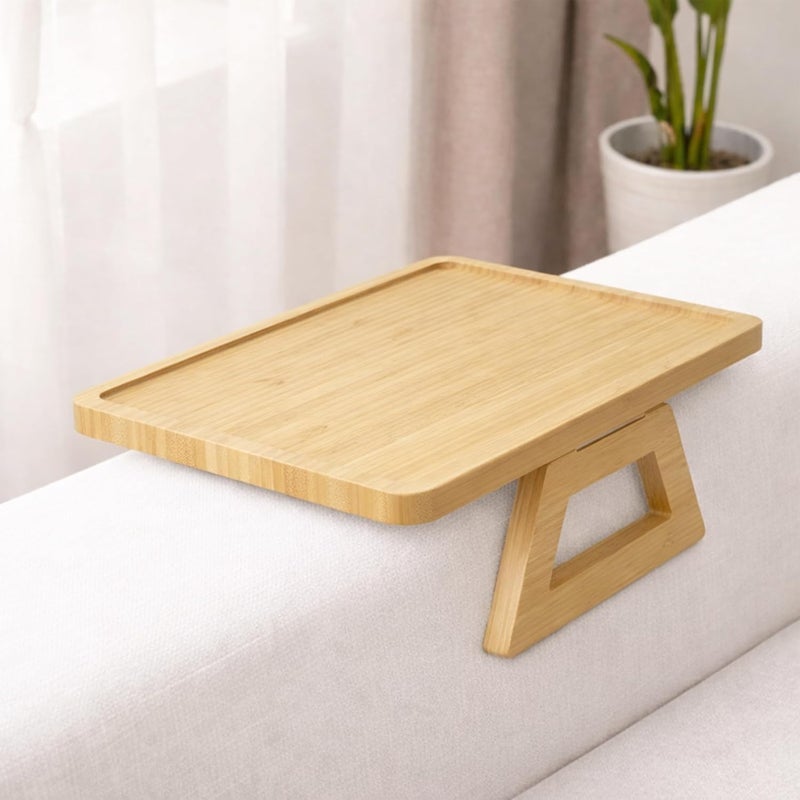 UKR Foldable Sofa Armrest Tray Table Bamboo Couch Arm Table with Secure Spiral Grip Space-Saving Sofa Side Table Alternative for Drinks, Snacks & Remotes Fits Arms Up to 14" Wide (33 x 24 cm) (Oak) - Image 1