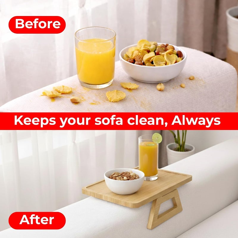 UKR Foldable Sofa Armrest Tray Table Bamboo Couch Arm Table with Secure Spiral Grip Space-Saving Sofa Side Table Alternative for Drinks, Snacks & Remotes Fits Arms Up to 14" Wide (33 x 24 cm) (Oak) - Image 4