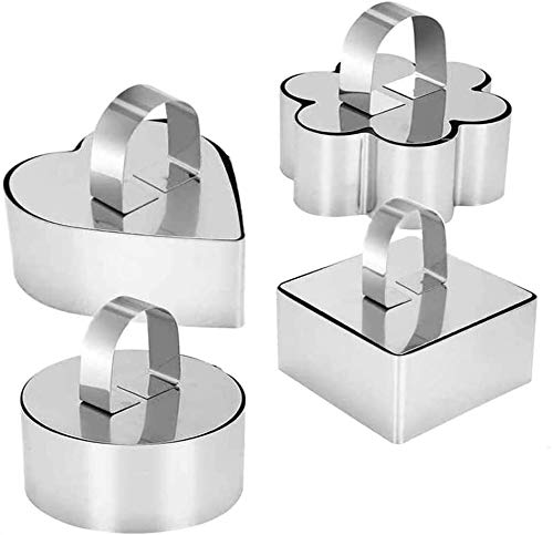 Defemim Stainless Steel 3D Cake Molds with Pusher Lifter Cooking Rings Set of 4Baking Dish Bakeware Tools Cupcake Mold Mousse Ring Cheese Tools Salad Cake Dessert Mould4 Different Shapes