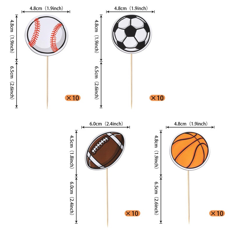 Rsstarxi 40 Pack Sports Cupcake Toppers Basketball Cupcake Toothpicks Soccer Ball Football Baseball Rugby Cake Decorations for Sports Ball Game Theme Baby Shower Birthday Party Decorations - Image 2