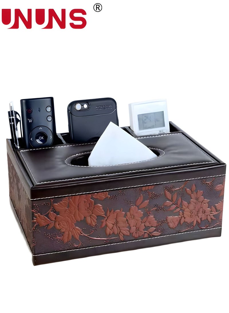 UNUNS Rectangular Tissue Box Cover,Leather Facial Tissue Organizer Box Holder,Multifunctional Remote Control Stationery Storage Box,Napkin Caddy Paper Dispenser Desk Organizer For Home Office Car - Image 1