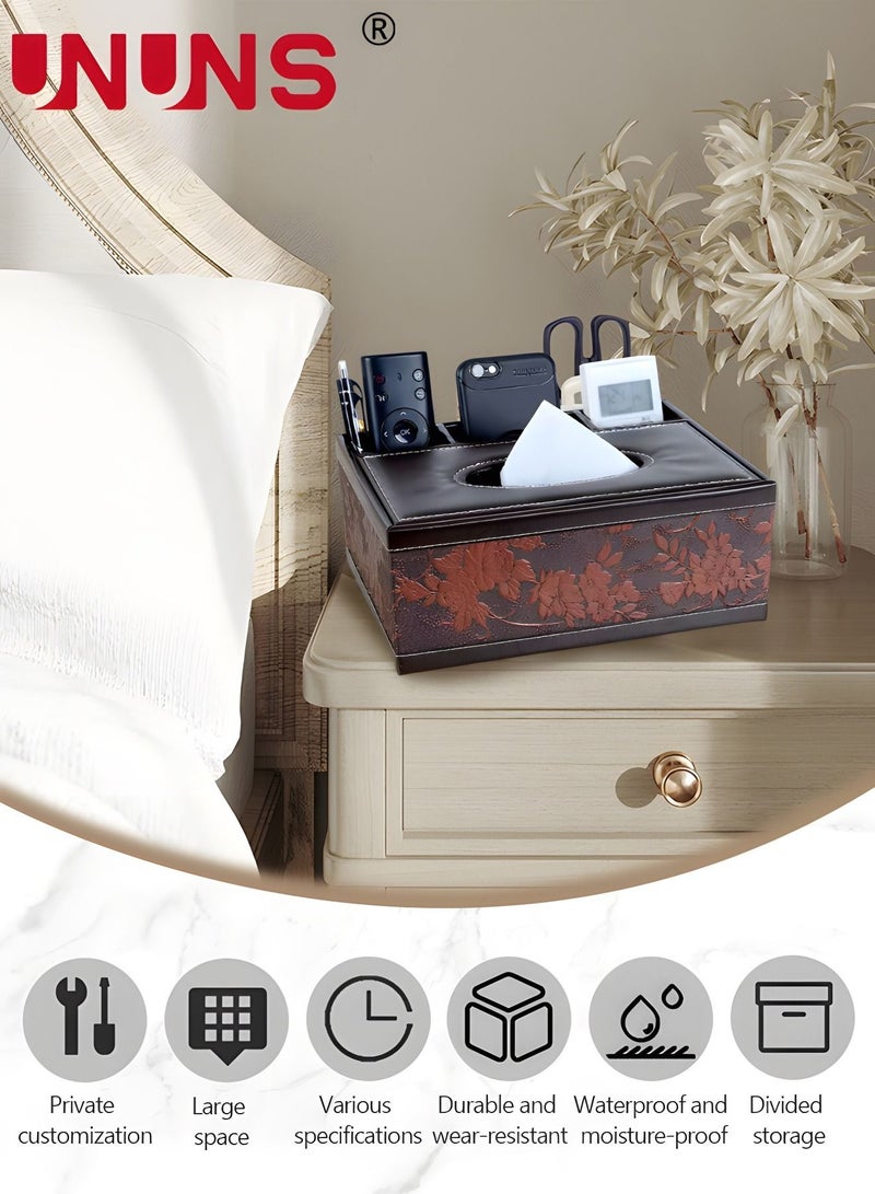 UNUNS Rectangular Tissue Box Cover,Leather Facial Tissue Organizer Box Holder,Multifunctional Remote Control Stationery Storage Box,Napkin Caddy Paper Dispenser Desk Organizer For Home Office Car - Image 2