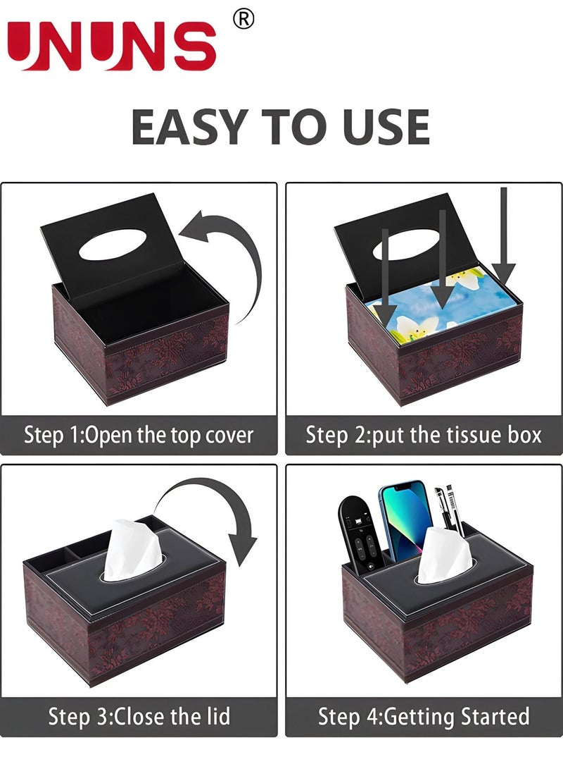 UNUNS Rectangular Tissue Box Cover,Leather Facial Tissue Organizer Box Holder,Multifunctional Remote Control Stationery Storage Box,Napkin Caddy Paper Dispenser Desk Organizer For Home Office Car - Image 3