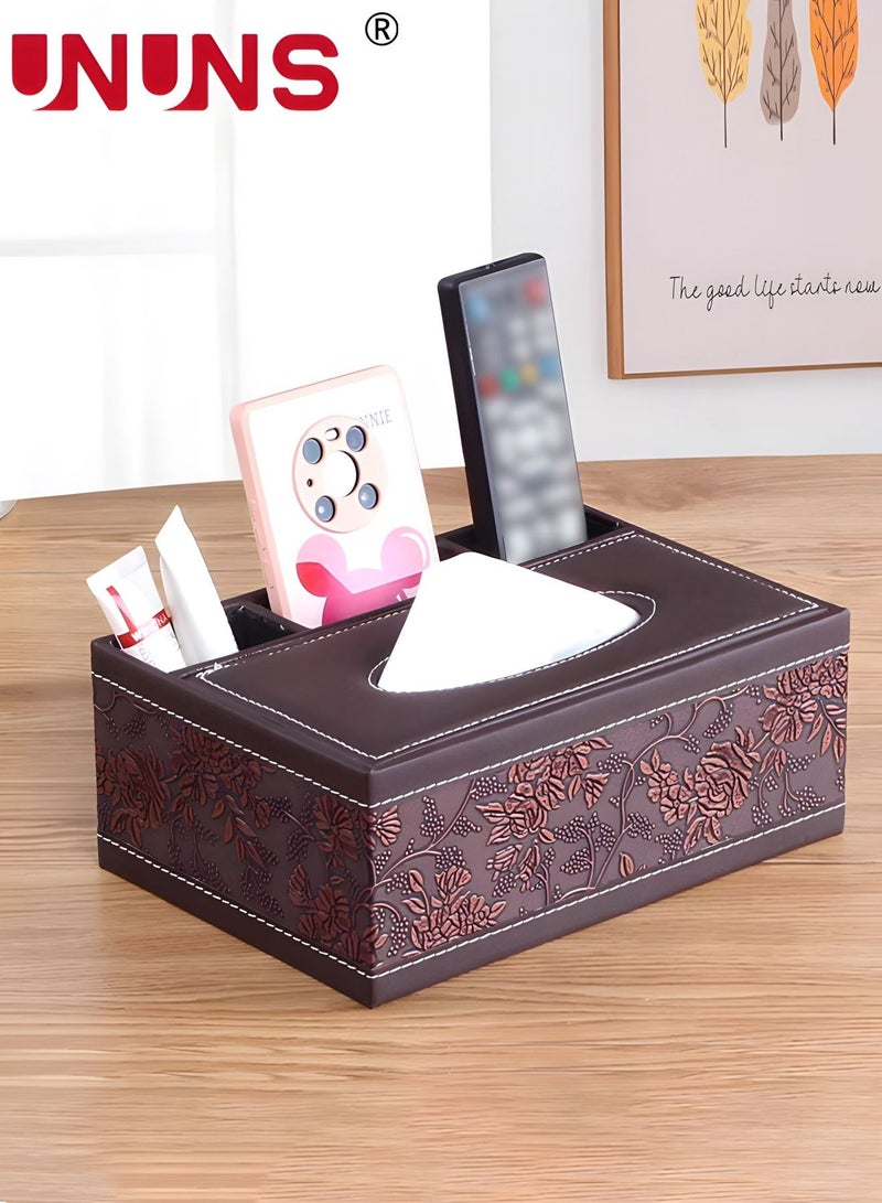 UNUNS Rectangular Tissue Box Cover,Leather Facial Tissue Organizer Box Holder,Multifunctional Remote Control Stationery Storage Box,Napkin Caddy Paper Dispenser Desk Organizer For Home Office Car - Image 4