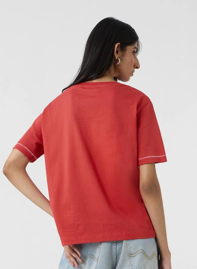 The Souled Store Red Teddy Embroidered Relaxed Fit T-Shirt