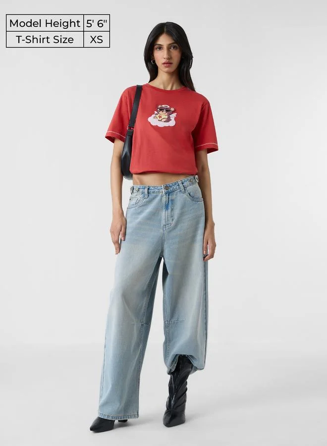 The Souled Store Red Teddy Embroidered Relaxed Fit T-Shirt