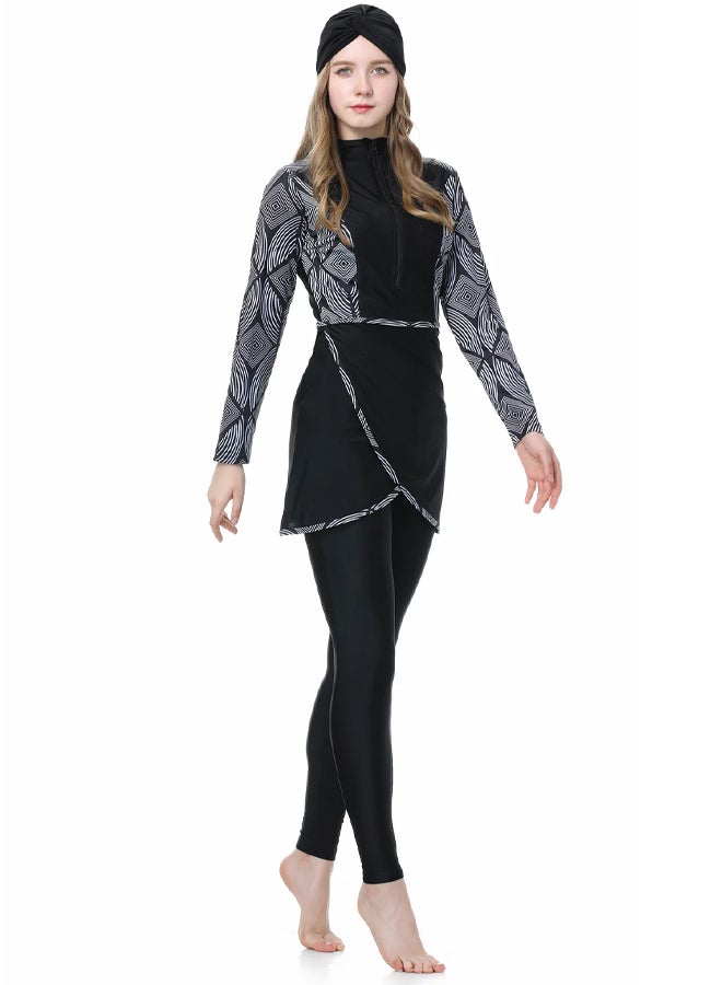 MARGOUN ملابس سباحة نسائية محتشمة بمقاس XXL بتغطية كاملة وطبعات زهور من ثلاث قطع مع حجاب إسلامي للسيدات ملابس سباحة للشاطئ باللون الأسود - Image 5