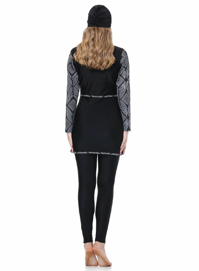 MARGOUN ملابس سباحة نسائية محتشمة بمقاس XXL بتغطية كاملة وطبعات زهور من ثلاث قطع مع حجاب إسلامي للسيدات ملابس سباحة للشاطئ باللون الأسود - Image 4