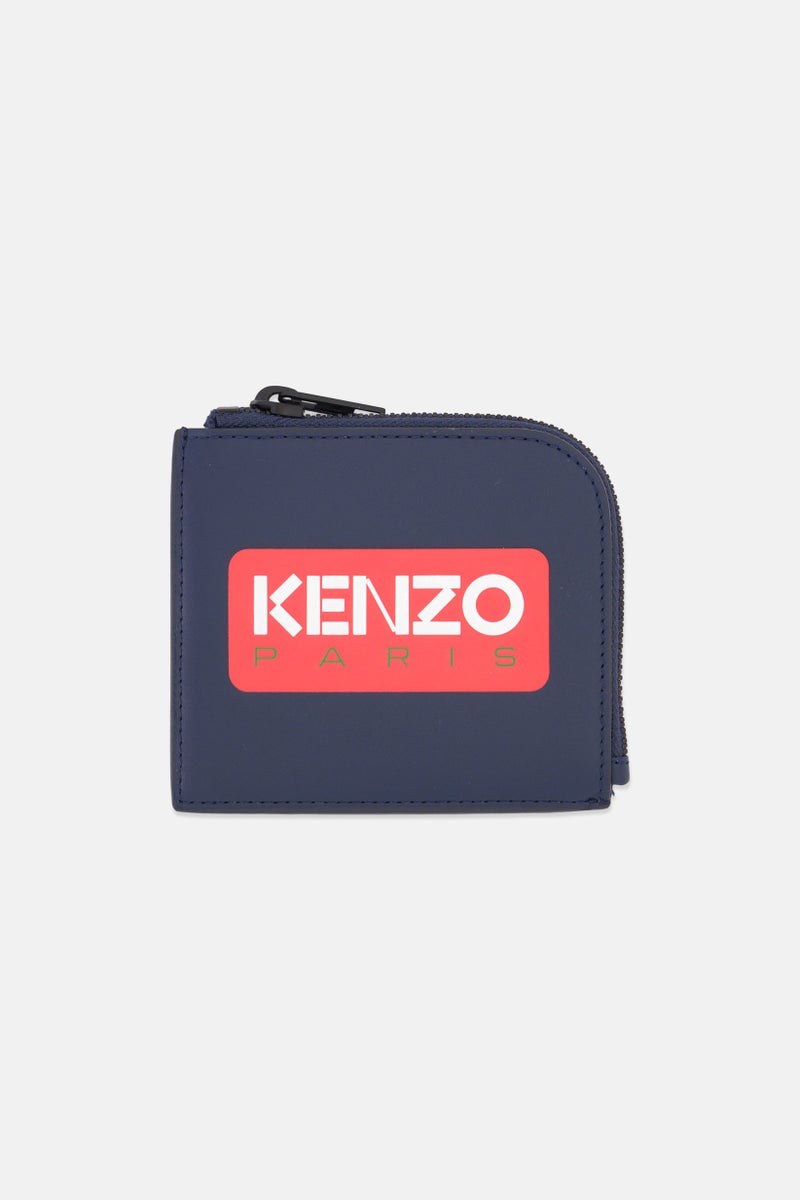 Kenzo Men Leather Brand Logo Mini Zipper Wallet, Navy  - Image 1