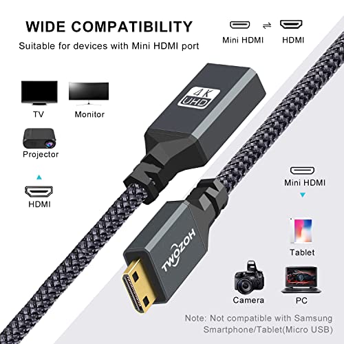 Twozoh محول توزو ميني HDMI إلى HDMI، محول كابل ميني HDMI ذكر إلى HDMI أنثى يدعم 1080P Full HD، 4K، 3D، لكاميرات DSLR، كاميرا، كامكورد، بطاقة رسومات، لابتوب، جهاز لوحي، HDTV، بروجيكتور (0.6 قدم) - Image 2