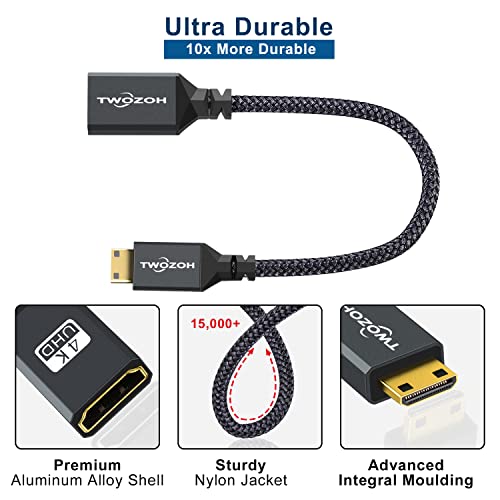 Twozoh محول توزو ميني HDMI إلى HDMI، محول كابل ميني HDMI ذكر إلى HDMI أنثى يدعم 1080P Full HD، 4K، 3D، لكاميرات DSLR، كاميرا، كامكورد، بطاقة رسومات، لابتوب، جهاز لوحي، HDTV، بروجيكتور (0.6 قدم) - Image 3