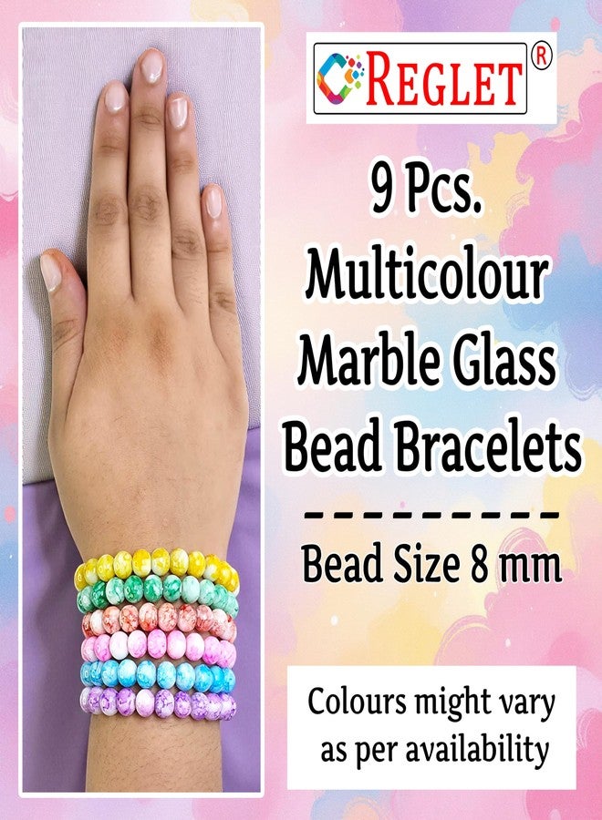 REGLET Pack of 9 - Adjustable Marble Glass Bead Bracelet Set - Handcrafted Stretchable Bracelets for Girls Stylish, Women, Kids - Mullticolour - Bead Size 8mm - Image 3