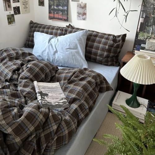 Erwinmu Plaid Duvet Cover Set Queen Size,Brown Blue Gingham Patterned Bedding Set for Girls Boys,Modern Soft Breathable Microfiber Comforter Cover 3 Pieces with Zipper Closure and 2 Pillow Shams - Image 1