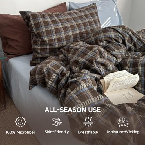 Erwinmu Plaid Duvet Cover Set Queen Size,Brown Blue Gingham Patterned Bedding Set for Girls Boys,Modern Soft Breathable Microfiber Comforter Cover 3 Pieces with Zipper Closure and 2 Pillow Shams - Image 3