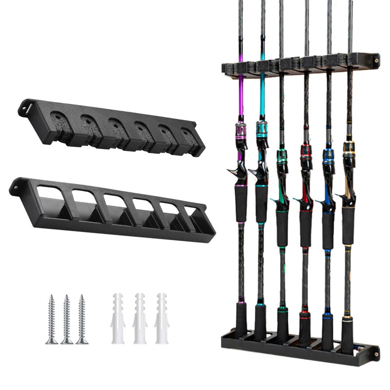 Tcakelox Fishing Rod Holder for Garage Fishing Pole Holders Fishing Rod Rack Vertical Wall-Mounted for Garage Stores 6 Rods or Combos Fits Most Rod Diameters (Vertical Black, 1 Pair) - Image 1