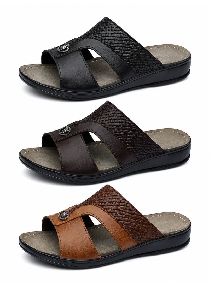 Men’s Leather-Look Arabic Sandals, Open Toe Slip-On House Slippers with Woven Strap, Soft Footbed, Non-Slip Sole, Comfortable Casual Sandals - Image 1