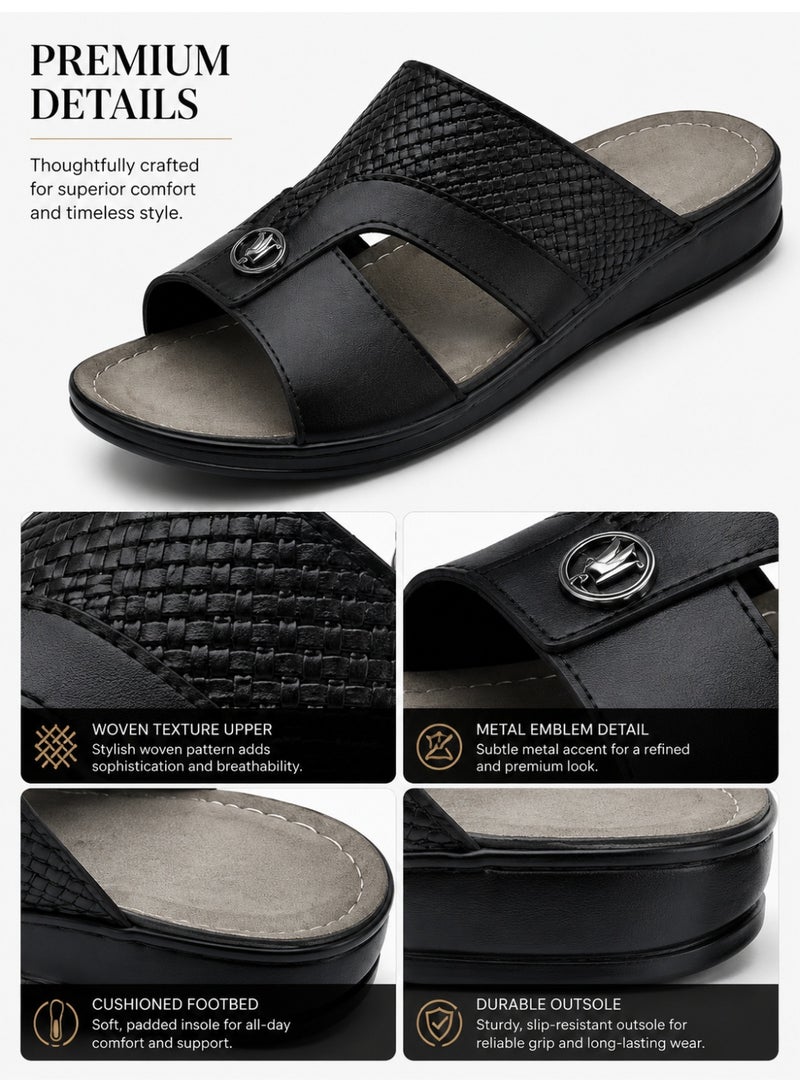 Men’s Leather-Look Arabic Sandals, Open Toe Slip-On House Slippers with Woven Strap, Soft Footbed, Non-Slip Sole, Comfortable Casual Sandals - Image 2