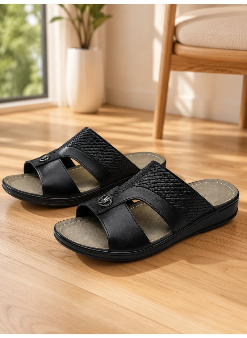 Men’s Leather-Look Arabic Sandals, Open Toe Slip-On House Slippers with Woven Strap, Soft Footbed, Non-Slip Sole, Comfortable Casual Sandals - Image 3