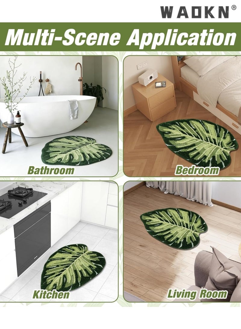 WAOKN Green Leaf Bath Mat, 50 x80 cm Fun Bathroom Carpet with Non-Slip Back, Soft Faux Cashmere Leaf Rug for Bathroom & Bedroom, Decorative Green Bath Mat for Home and Spa StyleLeaf bathroom carpet, bathroom absorbent floor mat, entrance foot mat, anti slip entrance carpet - Image 3