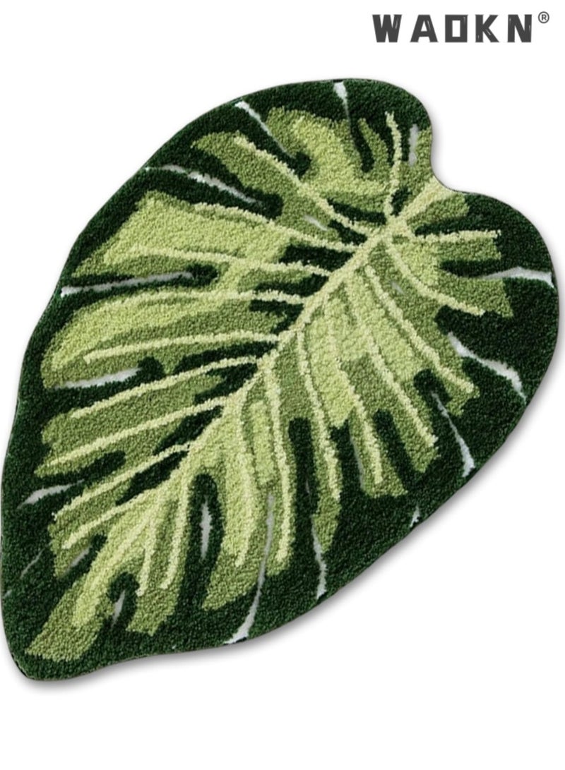 WAOKN Green Leaf Bath Mat, 50 x80 cm Fun Bathroom Carpet with Non-Slip Back, Soft Faux Cashmere Leaf Rug for Bathroom & Bedroom, Decorative Green Bath Mat for Home and Spa StyleLeaf bathroom carpet, bathroom absorbent floor mat, entrance foot mat, anti slip entrance carpet - Image 1