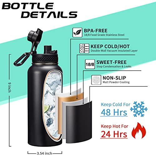 DIGJUPER 32-40-64OZ Stainless Steel Water Bottle - Black Water Bottle with Straw & Spout Lid, Paracord Handle & Bottle Sleeve, Insulated Vacuum Water Flask Double-Wall Metal Thermo Cup Canteen for Gym School - Image 4