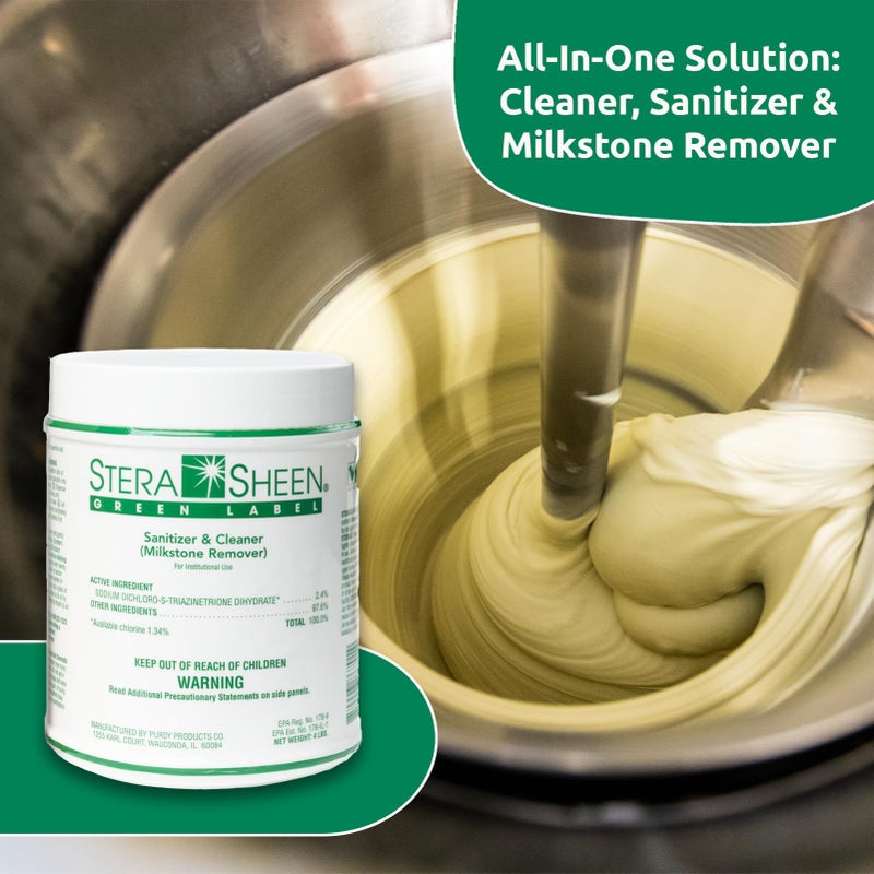 STERA SHEEN GREEN LABEL Sanitizer + Cleaner + Milkstone Remover | Cleaner and Sanitizer for Soft Serve + Shake Machines + Ice Maker and Ice Machines | By Purdy Products, 1 count 4 lb Jar - Image 2