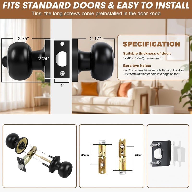 RAZCC Privacy Door Knobs, 4 Pack Matte Black Door Knobs with Lock, Bed and Bath Door Knob Interior Keyless Locksets, Round Door Handles Reversible for Left Right Handed Doors - Image 4