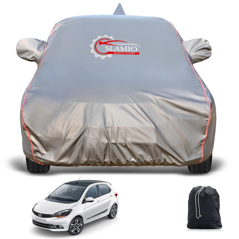 Slamio Heavy-Duty Car Body Cover for Tata Tiago (2016-2019) | Waterproof, Dustproof, UV Protection, Custom Fit, Heavy Belt & Buckle with Mirror & Antenna Pocket | Dark Grey - Image 1