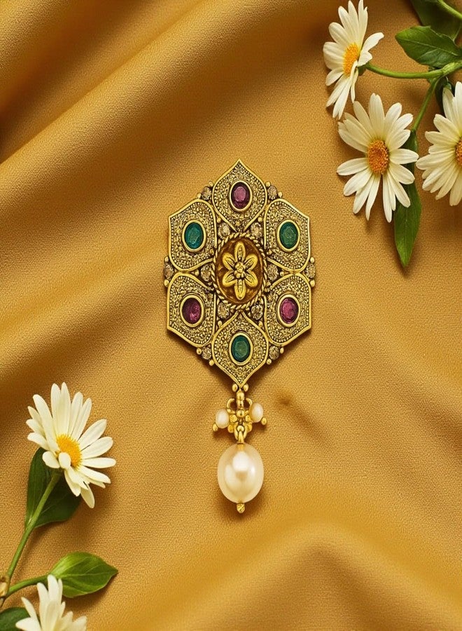 AccessHer Women's & Girls Gold-Plated Hexagon Saree Pin Brooch with Green & Red Stones & Pearl Drop Bridal Safety Pin for Saree Pleats, Gown, Dupatta, Shawl & Saree Pallu - Image 3